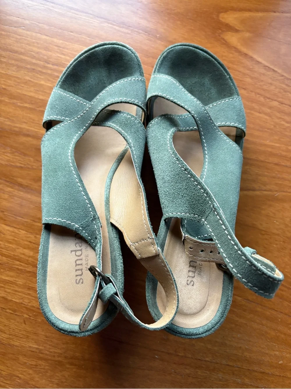 Sundance Melissa Teal Suede Wedges Buckle VGUC IT 40